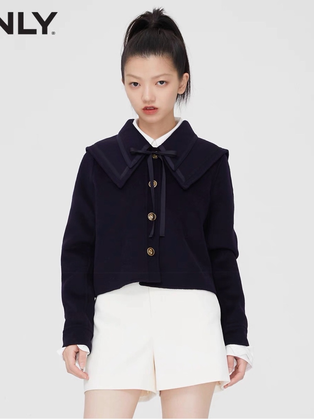 ONLY Navy Cropped Peacoat with Sailor Collar and Ribbon Tie